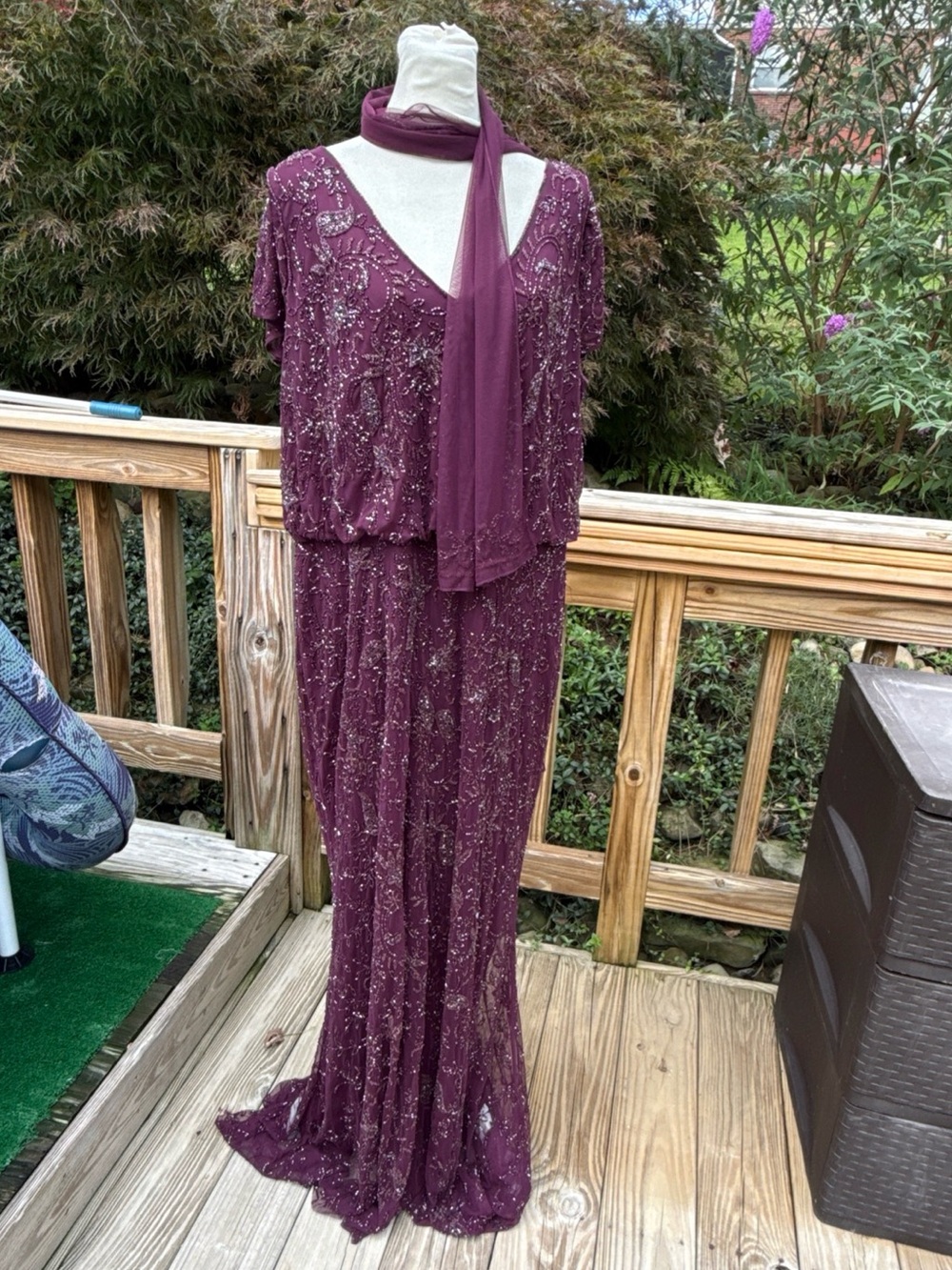 Beaded Luxury Evening Dress Montage by Mon Cheri, Size 18 Burgundy plum beaded